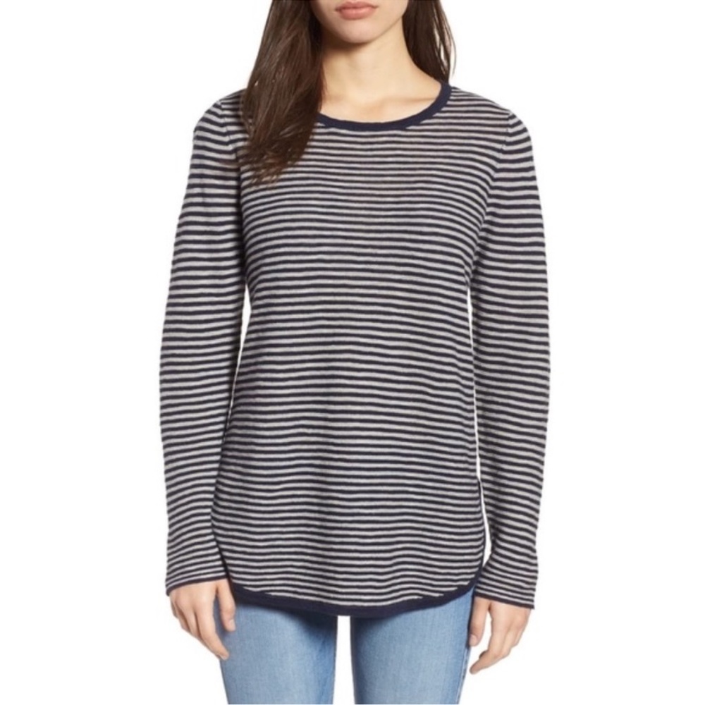 EILEEN FISHER Sweater Top Sz S Blue Organic Linen Cotton Striped Long Sleeve